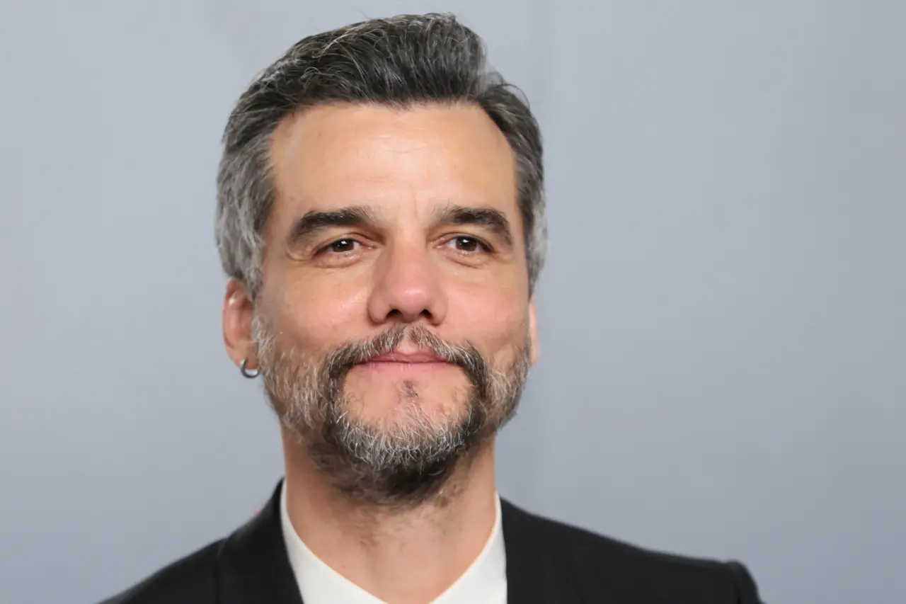 O ator Wagner Moura sorri levemente em um retrato de close-up, exibindo cabelos e barba grisalhos curtos e um brinco de argola pequena na orelha direita. Ele veste um paletó escuro sobre uma gola branca, posicionado contra um fundo cinza neutro e desfocado.