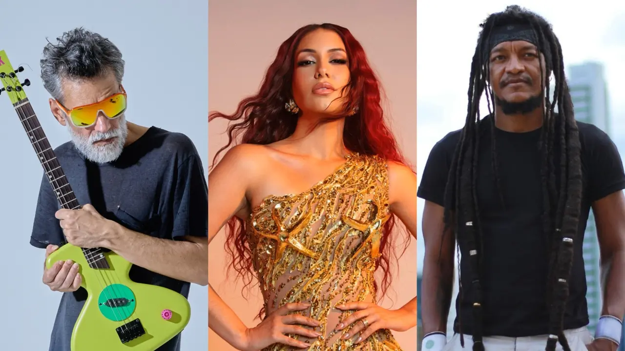 Três artistas aparecem lado a lado em uma montagem vertical: à esquerda, Cidadão Instigado (Fernando Catatau) de óculos espelhados segura uma guitarra verde; ao centro, Priscila Senna, de cabelos ruivos, veste um traje dourado brilhante; e à direita, o vocalista da banda Devotos, Cannibal, de dreadlocks longos posa com uma camiseta preta.