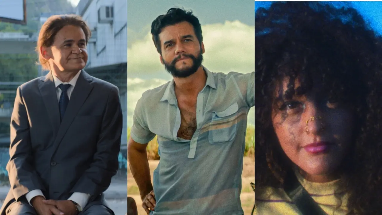 Uma montagem vertical apresenta três personagens de produções audiovisuais: à esquerda, o personagem de Gero Camilo, um homem de terno cinza e gravata, posa sentado; ao centro, o ator Wagner Moura aparece com barba e camisa polo clara em um ambiente externo durante cena; e à direita, uma jovem de cabelos cacheados e volumosos, Amanda Nunes encara a câmera em curta cearense. A composição destaca diferentes expressões e atmosferas cinematográficas em uma paleta de cores variada.