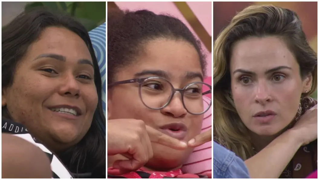 Imagem dividida em três quadros com closes de três pessoas diferentes, lado a lado. À esquerda, pessoa com cabelo escuro solto; ao centro, pessoa usando óculos; à direita, pessoa com cabelo claro, todas enquadradas dos ombros para cima.