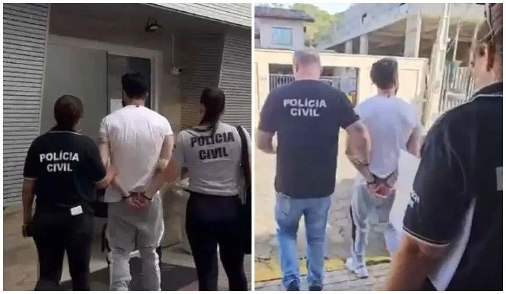 Montagem com duas fotos mostra uma pessoa com as mãos algemadas para trás sendo conduzida por agentes da Polícia Civil, em área externa de prédio residencial; os policiais aparecem de costas, com a identificação “Polícia Civil” nas camisetas.