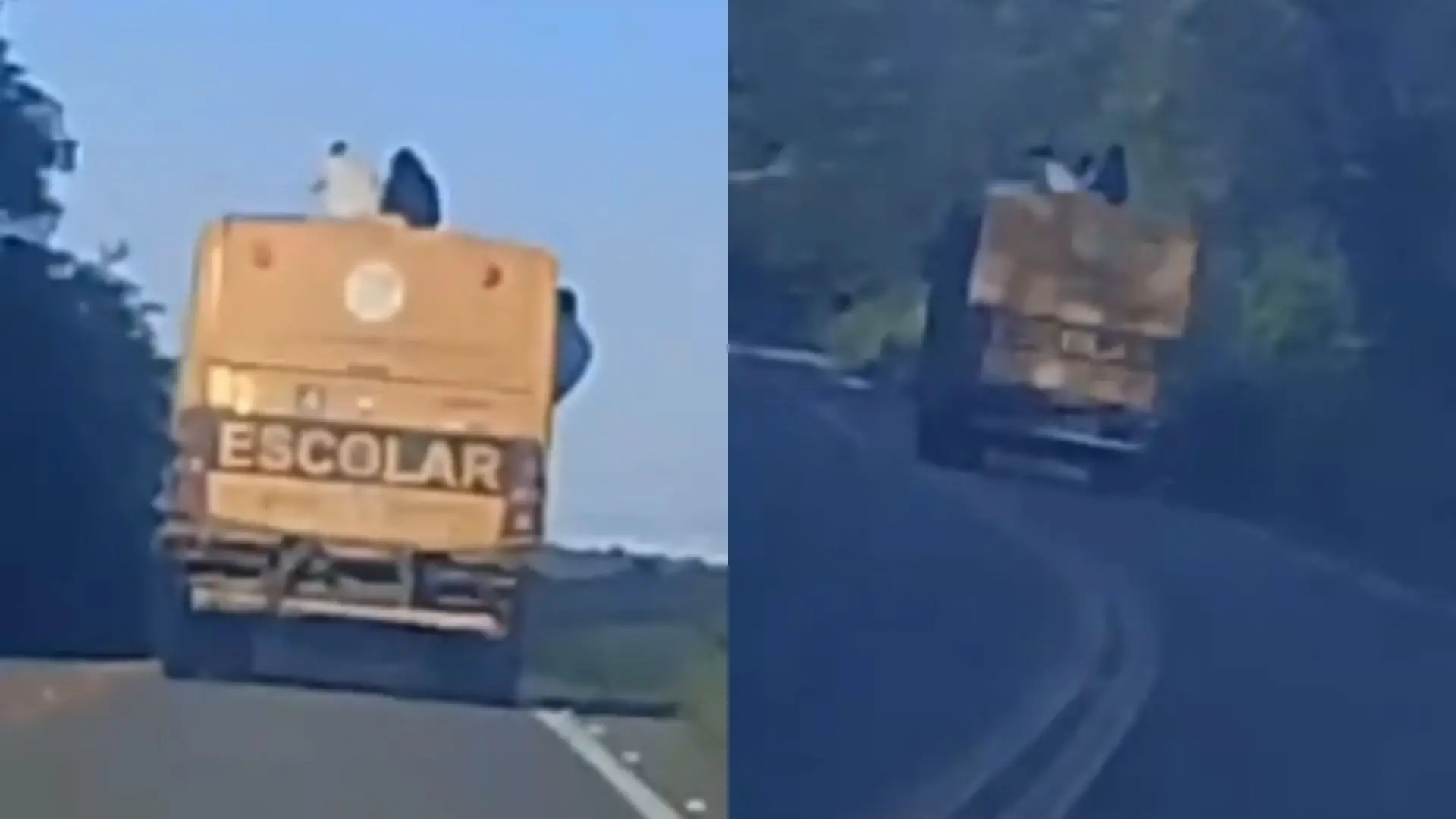 Foto de estudantes flagrados sobre ônibus em movimento no interior do Ceará.