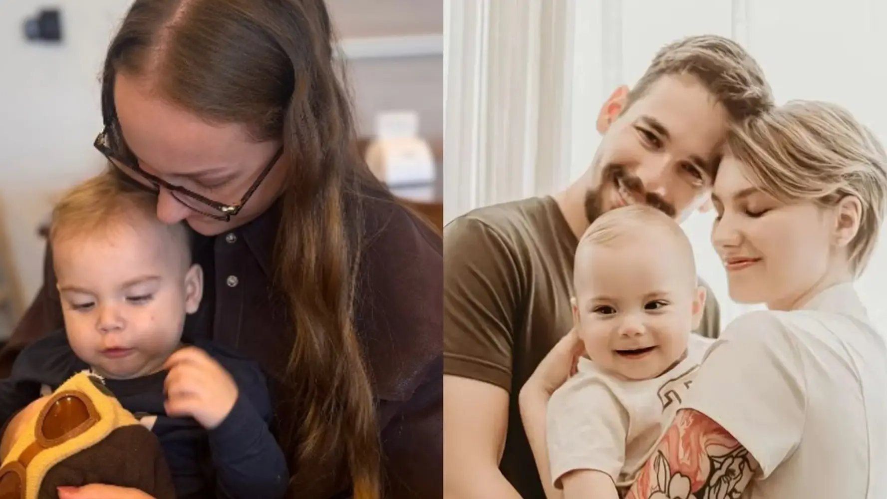 Montagem com duas fotos lado a lado: na esquerda, uma mulher de óculos e cabelos longos abraça carinhosamente um bebê que segura um brinquedo; na direita, a mesma criança aparece sorridente entre um homem, Lucas Borbas, e uma mulher de cabelos curtos, Isabel Veloso, em um retrato familiar iluminado.