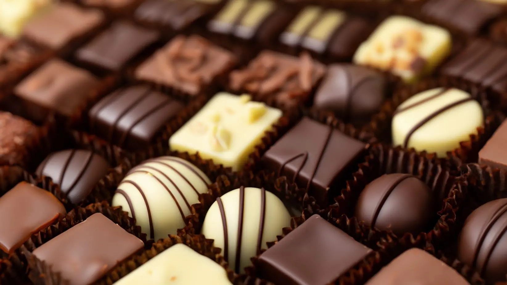 Caixa com diversos chocolates artesanais organizados em fileiras, com peças de chocolate ao leite, meio amargo e branco, algumas com cobertura decorada.