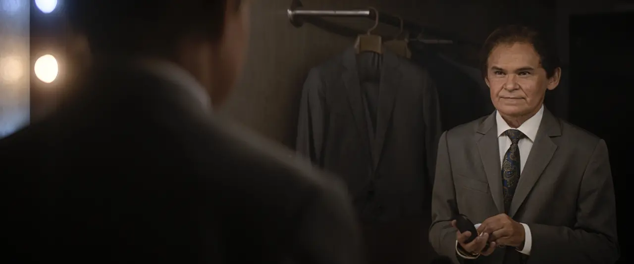 O ator Gero Camilo observa seu reflexo em um espelho de camarim, vestindo um terno cinza e gravata estampada enquanto segura um pequeno objeto nas mãos, em uma cena do filme 'Papagaios'. Ao fundo, um arara com cabides e outros figurinos compõe o ambiente de bastidores sob uma iluminação suave e focada.