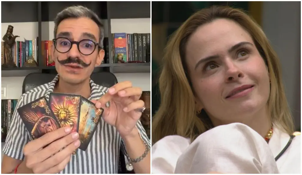 Imagem dividida em dois quadros. À esquerda, pessoa sentada em ambiente interno, segurando cartas de tarô com ilustrações coloridas; ao fundo, estante com livros e objetos decorativos. À direita, pessoa sentada em ambiente interno do programa BBB, usando roupa clara, vista em primeiro plano; ao fundo, espelho e elementos decorativos em tons escuros e dourados.