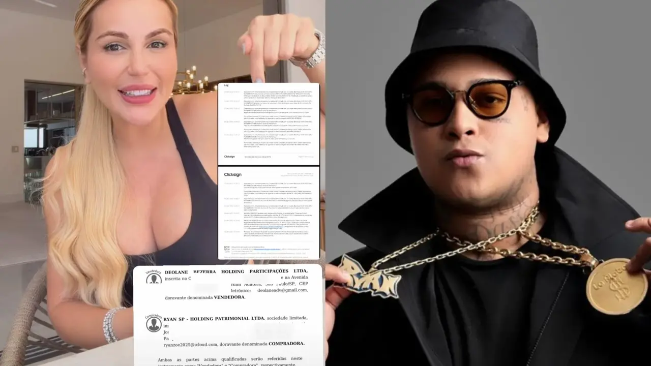 Deolane Bezerra e MC Ryan SP aparecem em uma montagem que exibe documentos contratuais entre suas respectivas holdings. Enquanto Deolane à esquerda aponta para os papéis, Ryan SP é mostrado à direita usando óculos escuros, chapéu preto e correntes de ouro.