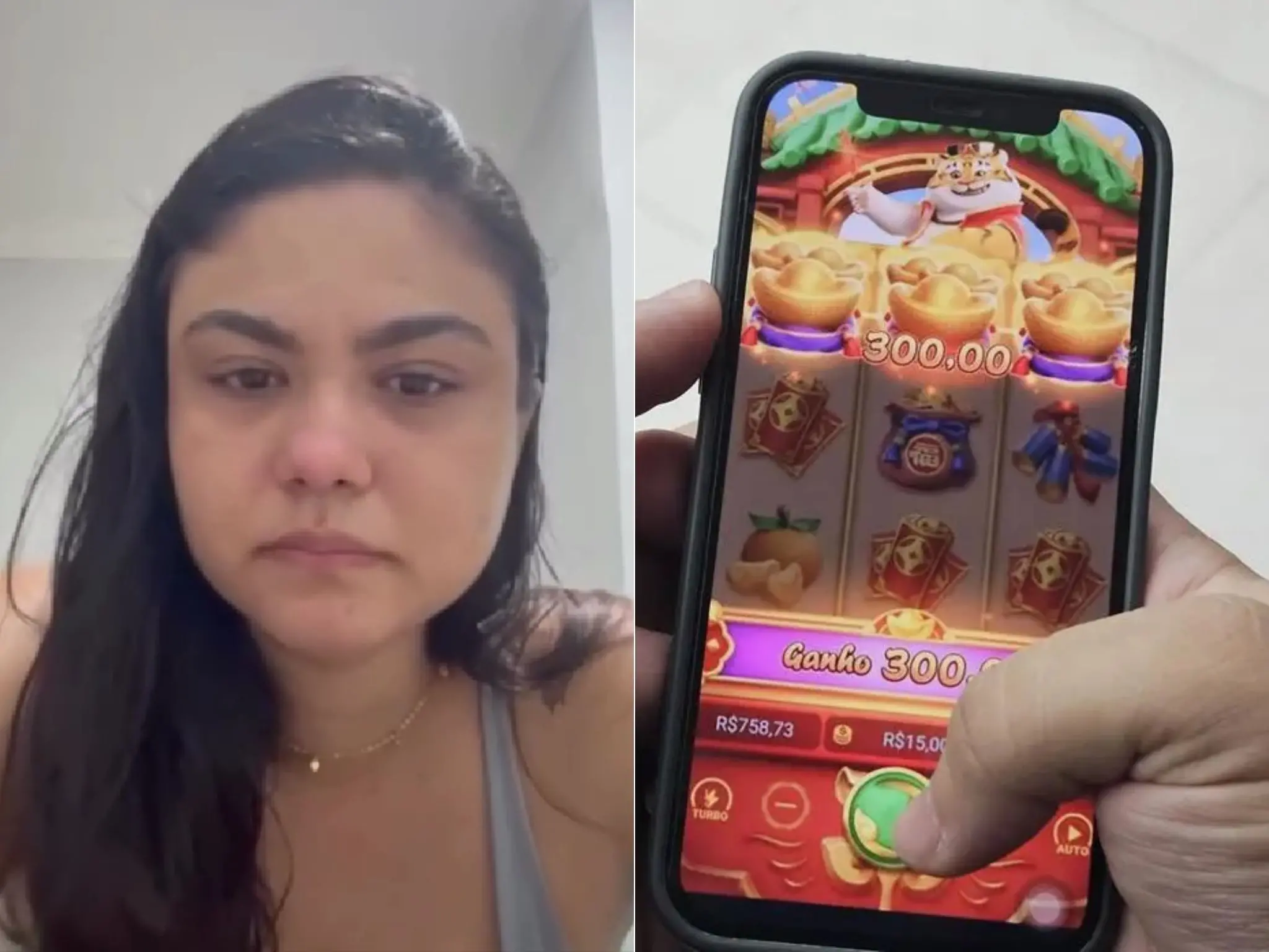 Fotos mostram Assíria Macedo durante gravação de vídeo e um celular acessando o Jogo do Tigrinho.