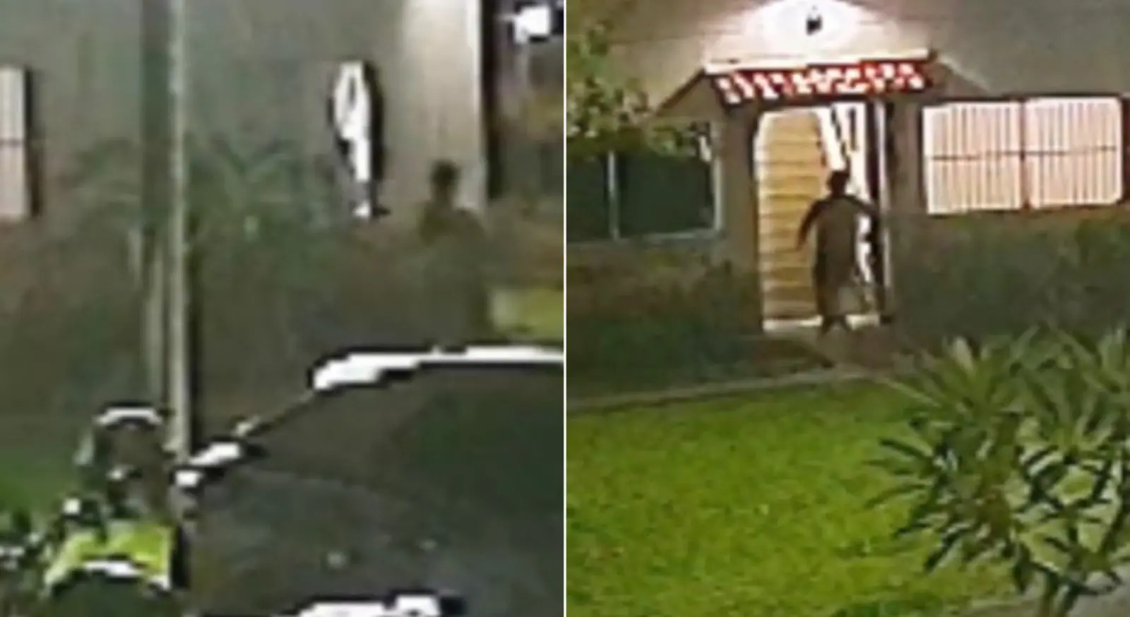 Montagem de duas capturas de vídeo mostram o momento em que o agressor invade a casa da professora.