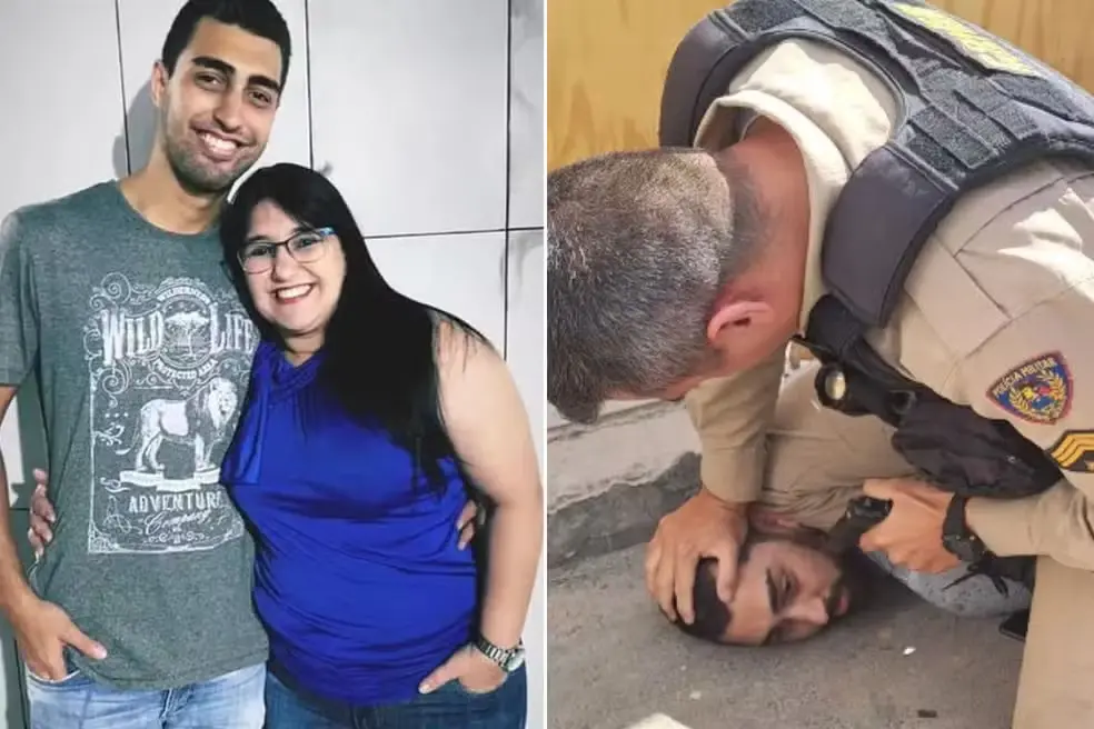 Bruno Eustáquio Vieira com a mãe e sendo preso.