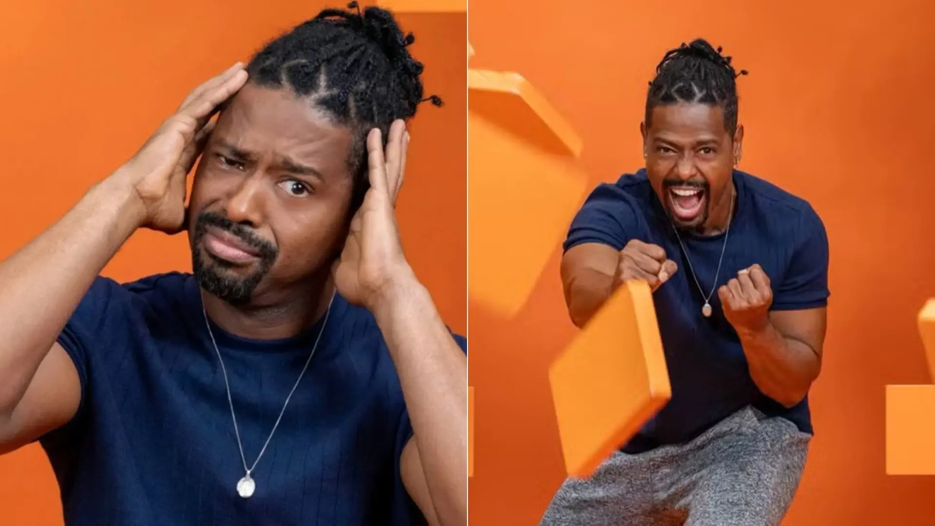 Colagem de duas fotos em que Leandro Boneco faz caras e bocas em um ambiente que simula um paredão.