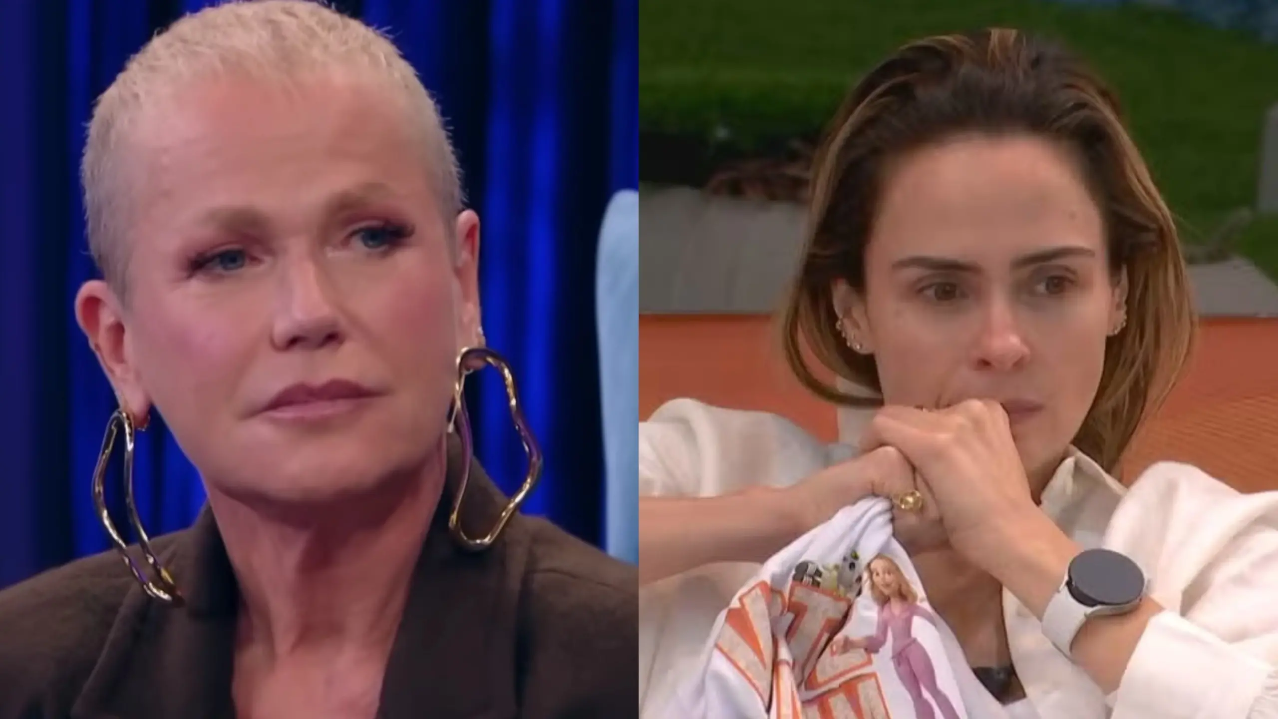 Xuxa Meneghel encara a câmera com uma expressão séria e brincos dourados ondulados de destaque, enquanto ao lado Ana Paula Renault aparece emocionada em um ambiente de confinamento.