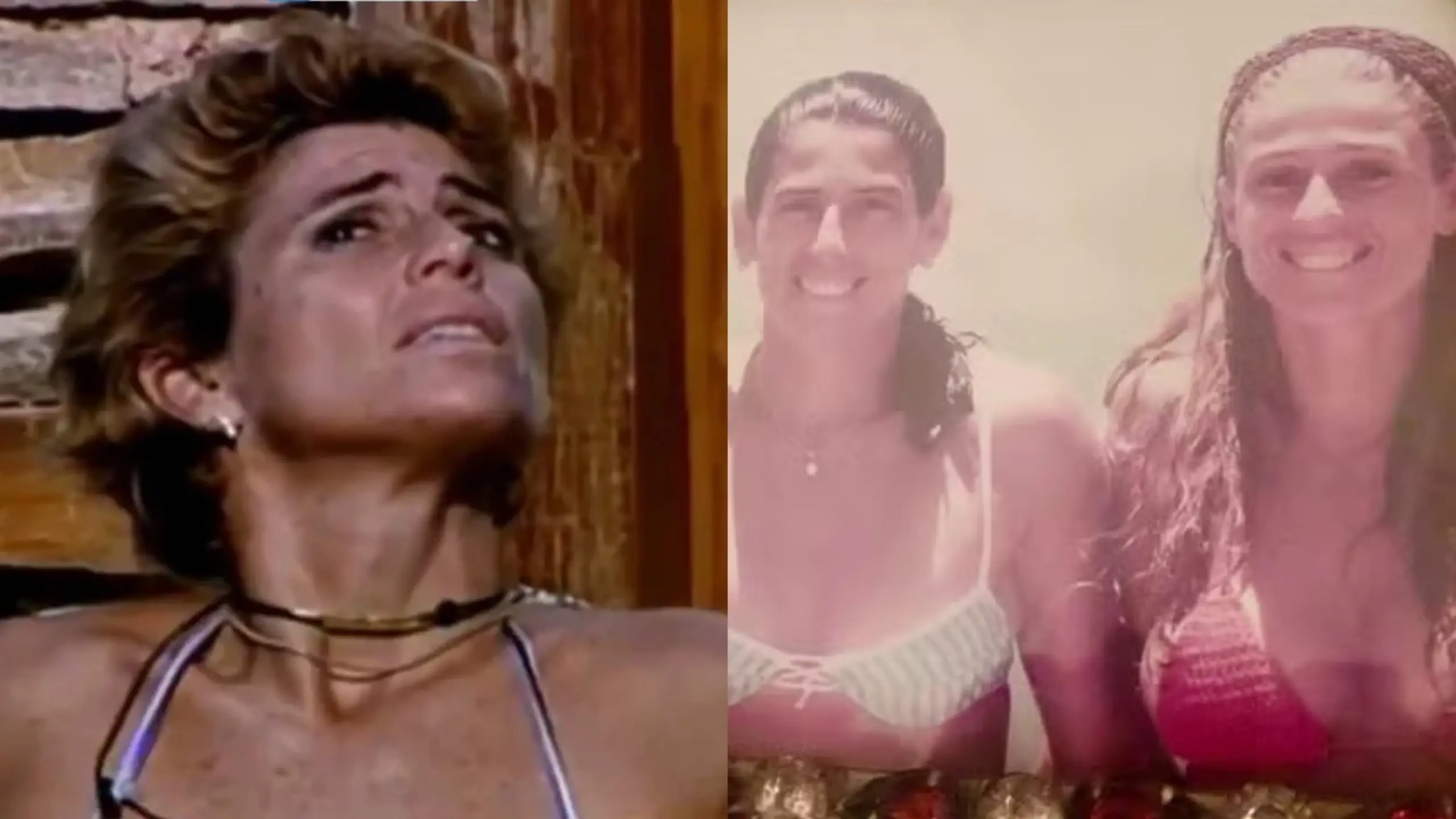 Cida Moraes aparece à esquerda com uma expressão de choque e olhos arregalados voltados para cima, enquanto à direita uma foto antiga mostra ela e a irmã sorridentes em trajes de banho. A montagem destaca o contraste entre a reação intensa da participante no reality e a imagem nostálgica e descontraída ao lado.