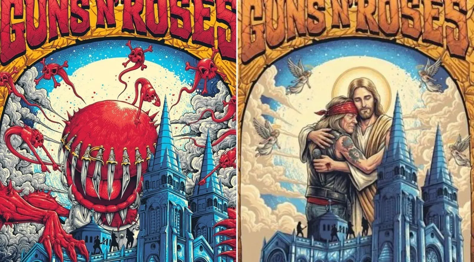 Montagem mostra os dois pôsteres, do Guns e da Arquidiocese.