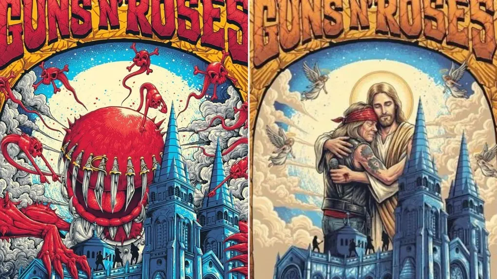 Montagem mostra os dois pôsteres, do Guns e da Arquidiocese.