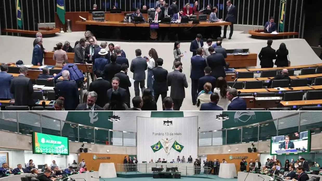 Plenário da Alece e da Câmara dos deputados em colagem de fotos. Acima, o Legislativo Federal. As imagens são abertas e mostram o plenário das duas casas.