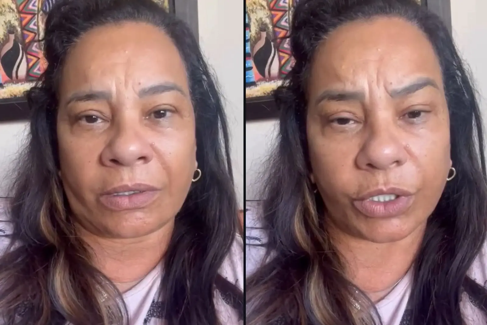 Imagem montada com dois prints lado a lado de um story da atriz Solange Couto gravando uma selfie sem maquiagem e camisa branca.