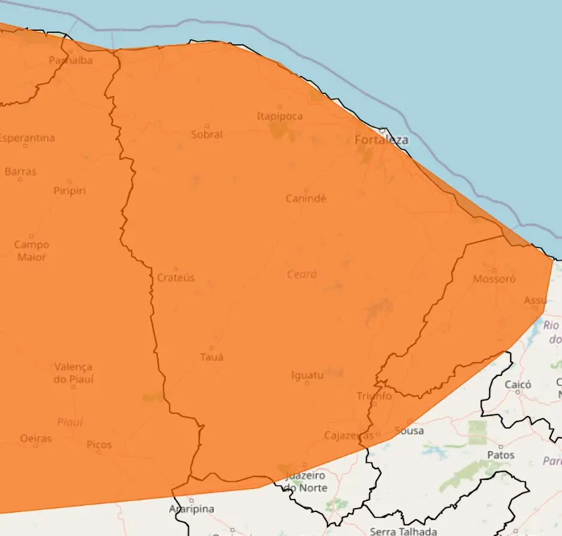Mapa infográfico do Inmet mostrando grande mancha laranja sobre o estado do Ceará, indicando possibilidade de chuvas.