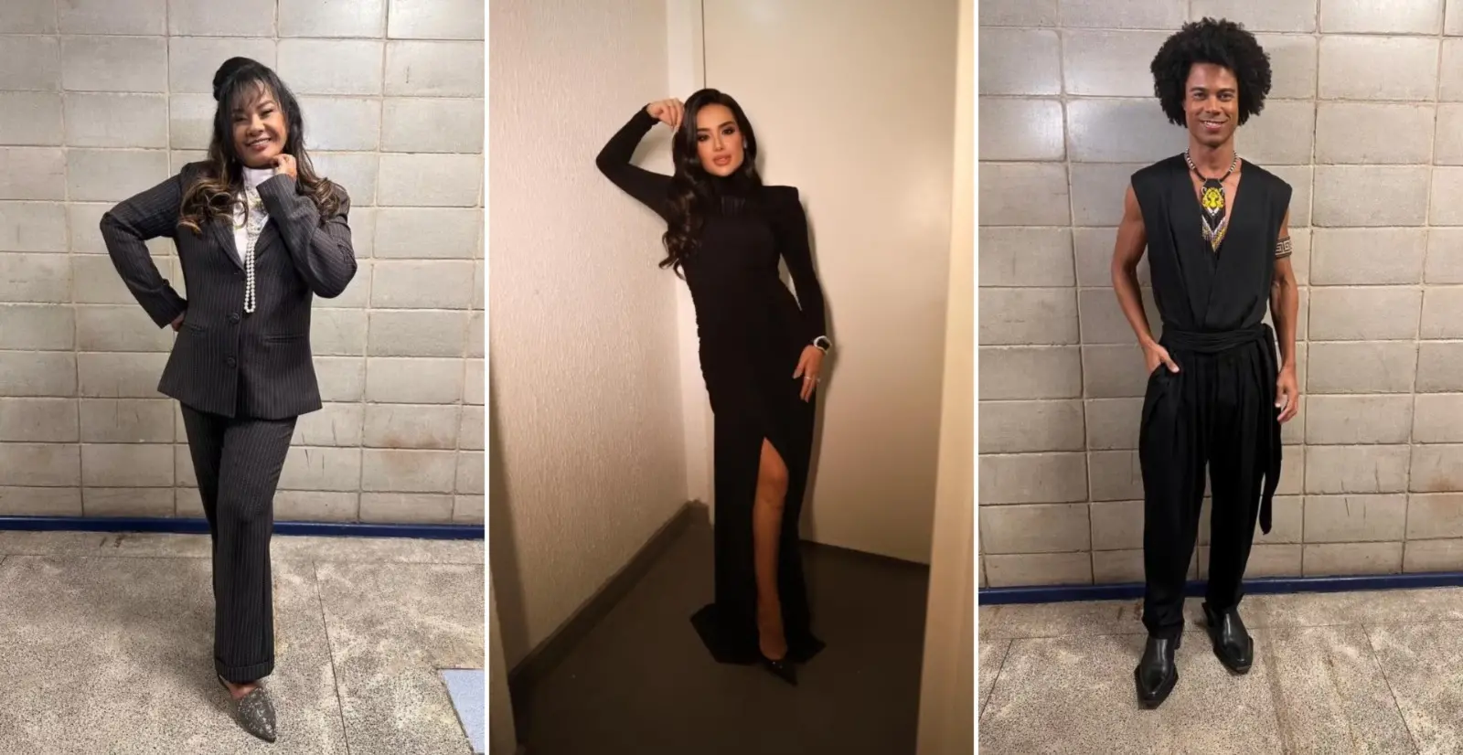 Montagem de fotos mostra Solange Couto à esquerda, Jordana ao centro e Breno à direita. Os três com roupas pretas.