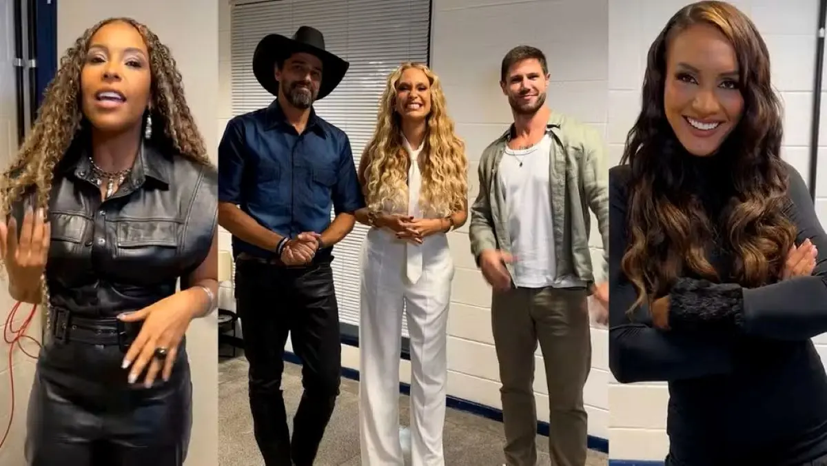 Foto de Sol, Alberto, Sarah, Jonas e Maxiane, em montagem. Eles são participantes do BBB 26 e estão juntos para a final.