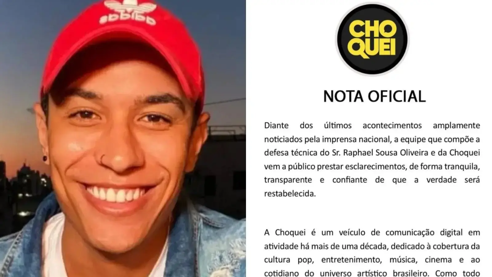 Montagem de fotos mostra Raphael à esquerda e a nota da Choquei à direita. Imagem usada em matéria sobe pronunciamento na página após prisão.