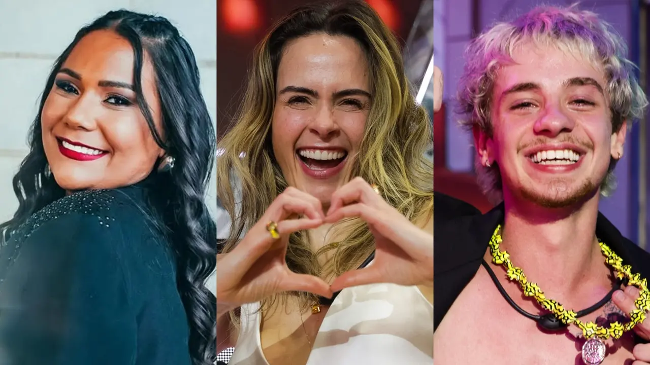 Chaiany Andrade, Ana Paula Renault e Juliano Floos, participantes do Big Brother Brasil 26, sorriem em uma montagem lado a lado. Os três compõem o topo do ranking de maior ganho de seguidores do reality. A composição destaca as expressões de alegria e o estilo vibrante de cada um após a final do reality show.