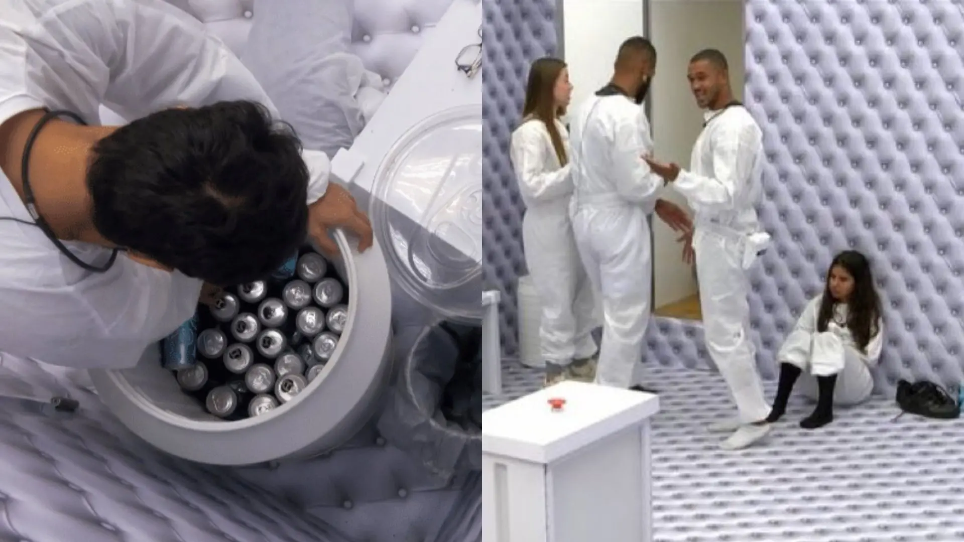 Briga entre os participantes do reality show Big Brother Brasil 2023, com cenas de discussão e conflito em um ambiente com decoração moderna e paredes acolchoadas.