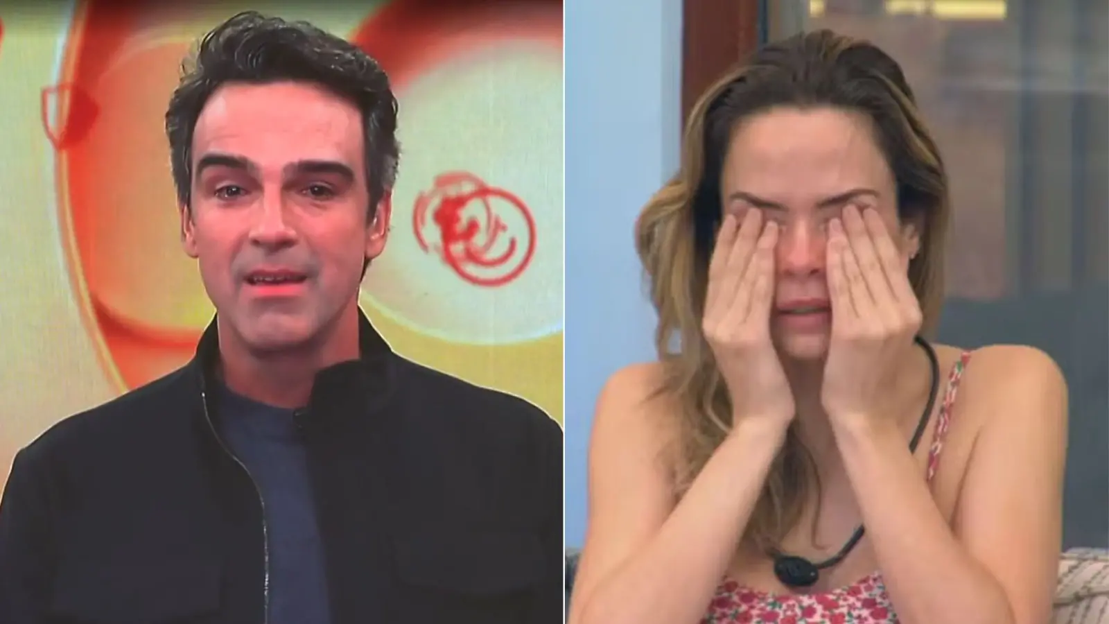 Apresentador do BBB fala com expressão séria em estúdio, enquanto participante aparece ao lado chorando e cobrindo o rosto com as mãos após receber notícia emocional dentro da casa.