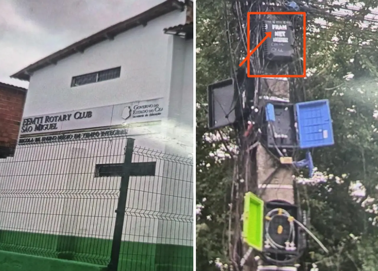 Montagem com duas imagens: à esquerda, fachada da Escola Estadual Rotary Clube, no bairro São Miguel, em Caucaia, com muro e placa de identificação; à direita, poste com caixas de equipamentos de internet, com destaque em vermelho para uma caixa preta identificada como “Framnet”.