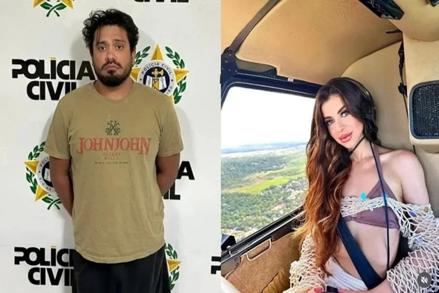 Homem preso pela Polícia Civil ao lado de mulher em helicóptero, com vista aérea ao fundo, em uma operação policial. Imagem com foco na identidade e na operação policial.