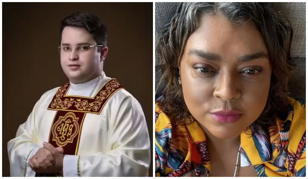 Montagem com duas fotos lado a lado: à esquerda, pessoa vestindo paramentos religiosos claros com detalhes bordô, mãos unidas à frente; à direita, pessoa em close, de camisa estampada em tons de amarelo e azul, fotografada de cima para baixo.