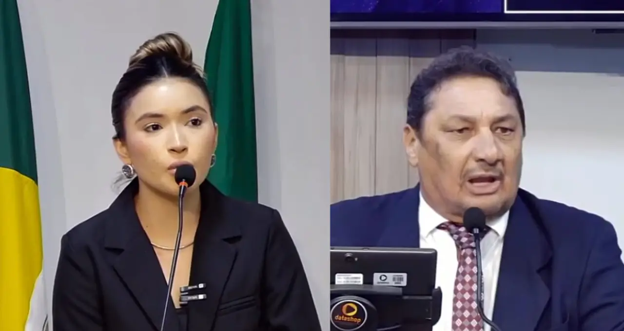 À esquerda, mulher branca de cabelo liso e castanho preso, com um terno preto, discursando em um palanque com microfone. À direita, homem pardo de cabelos pretos curtos e terno azul, sentado, discursando com microfone.