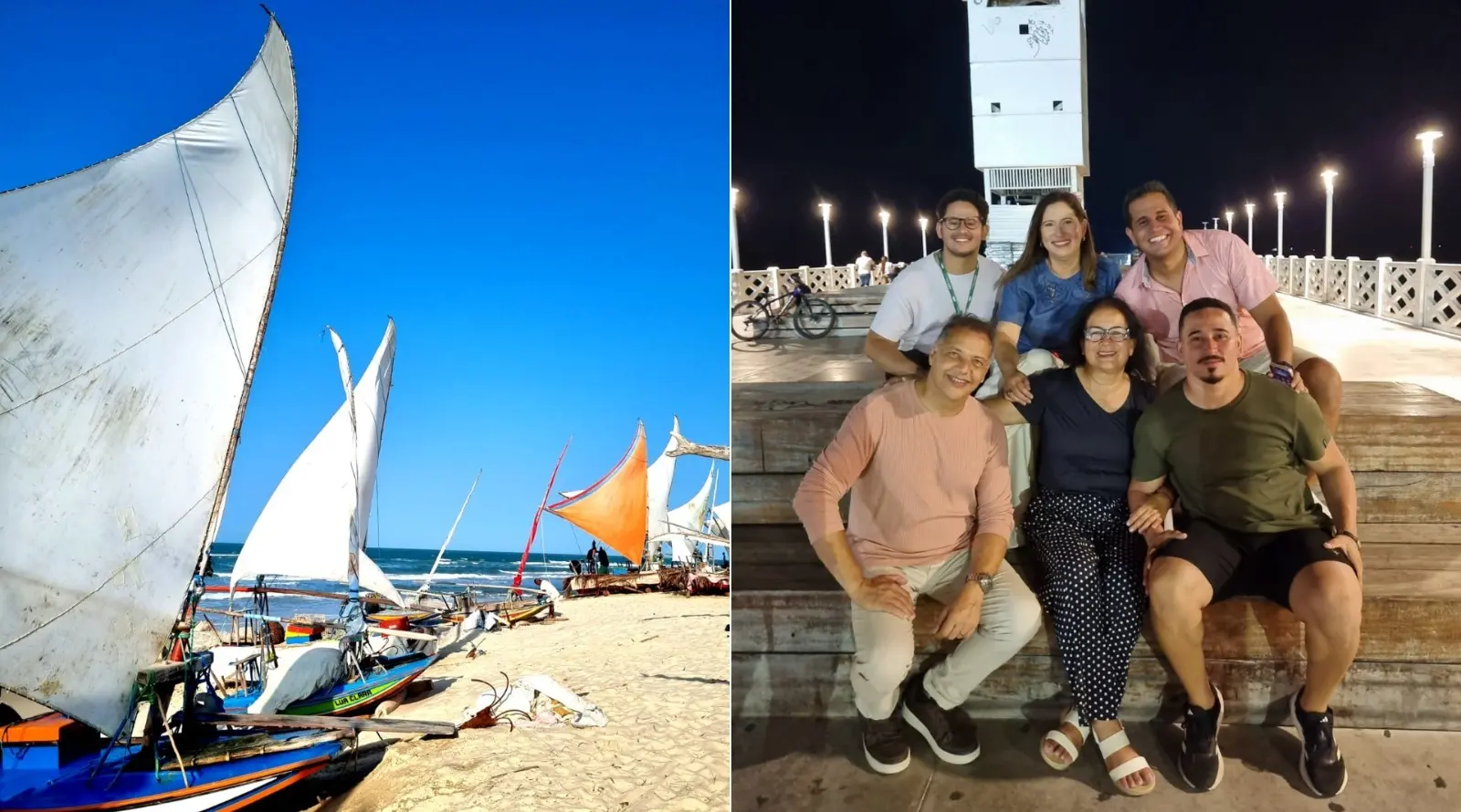 Montagem de fotos mostra, à esquerda, jangadas na praia da Caponga, e, à direita, a equipe da TV Verdes Mares na Ponte dos Ingleses.