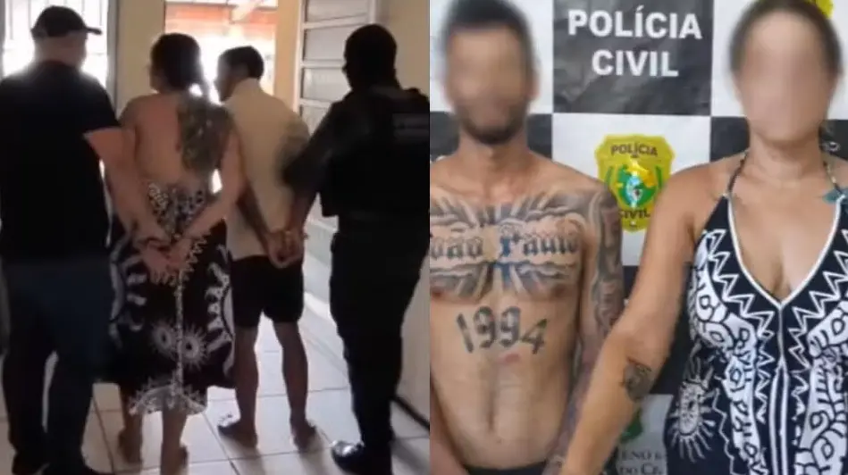Montagem de duas fotos. À esquerda, um homem e uma mulher são conduzidos por policiais. À direita, eles são fotografados em frente a um pôster com a marca da Polícia Civil.