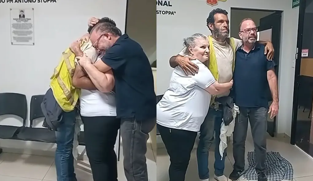 Montagem com duas imagens. À esquerda, o professor abraça dois familiares. À direita, os três posam para foto.