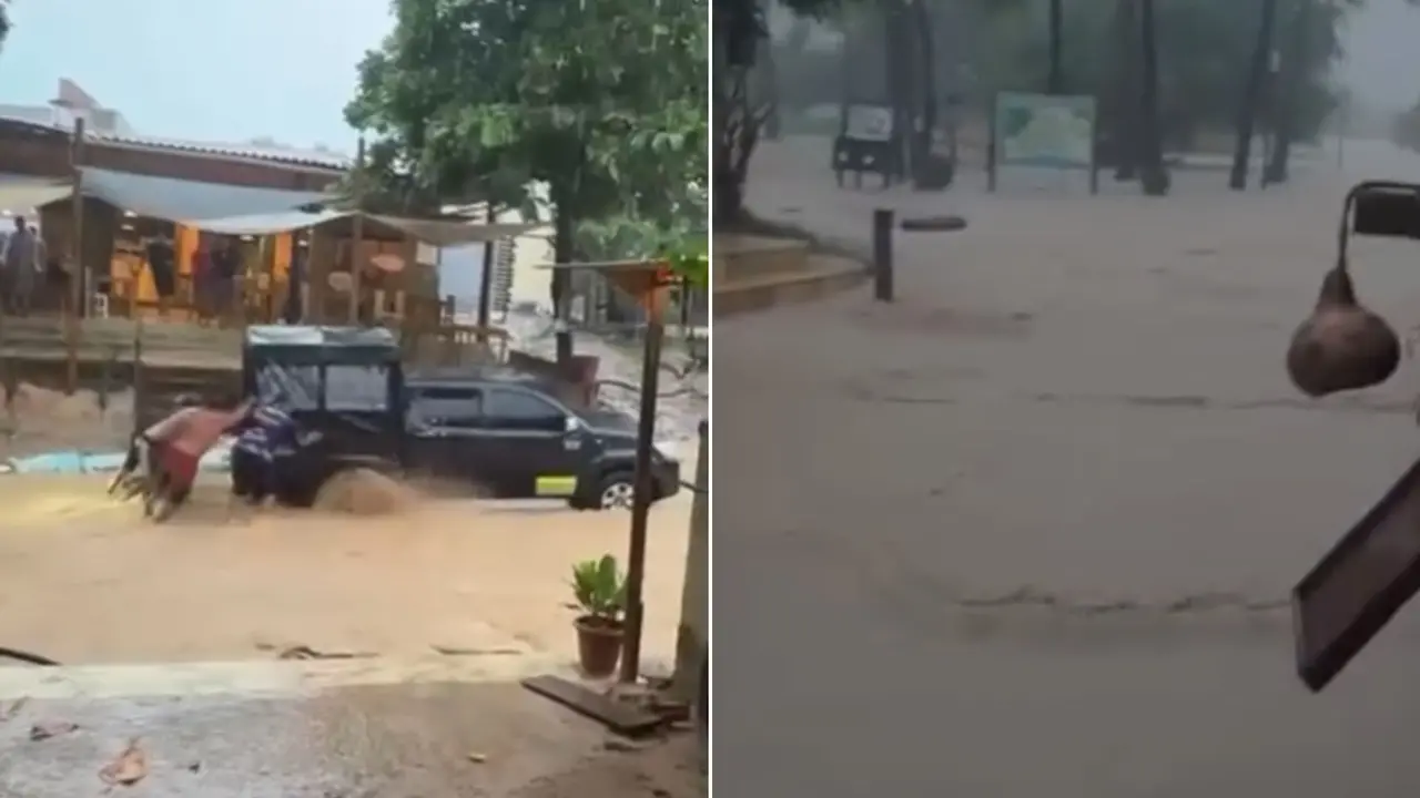 Montagem de fotos de ruas de Jericoacoara, no Ceará, alagadas após chuvas intensas.