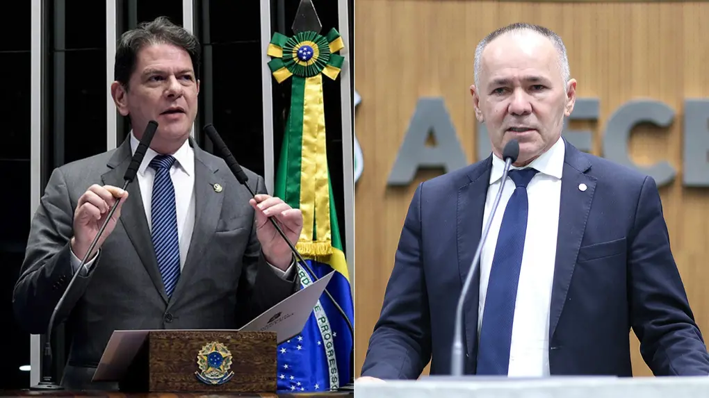 Cid Gomes discursa no Senado e Pastor Alcides n Alece. As imagens estão lado a lado em uma colagem.