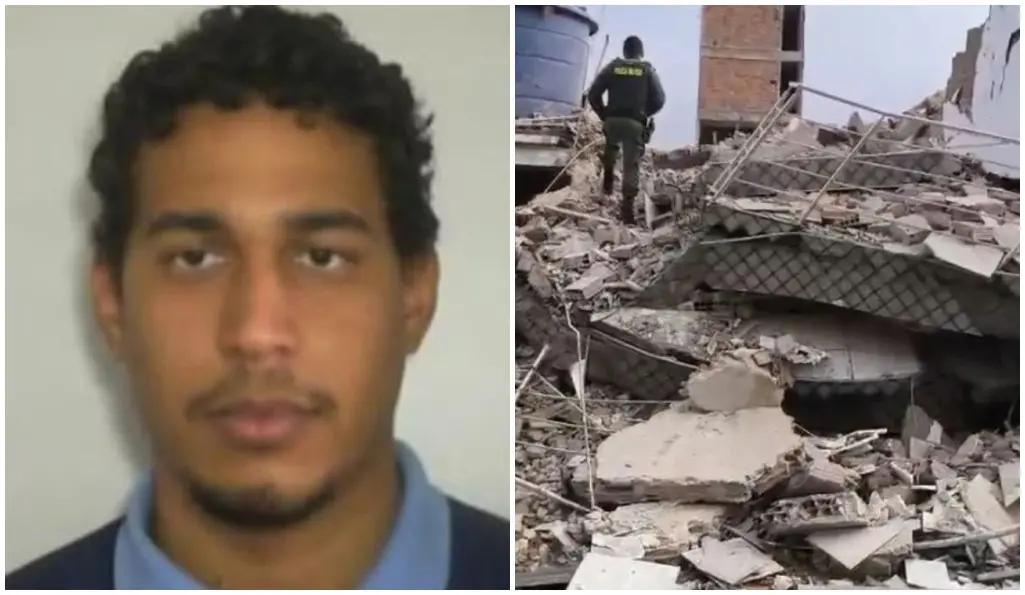 Imagem dividida em duas partes. À esquerda, um retrato frontal de uma pessoa com cabelo curto e expressão neutra, fotografada contra um fundo claro. À direita, cenário de desabamento com muitos escombros de concreto e tijolos; uma pessoa de costas caminha sobre os destroços, próxima a estruturas colapsadas e restos de uma construção.