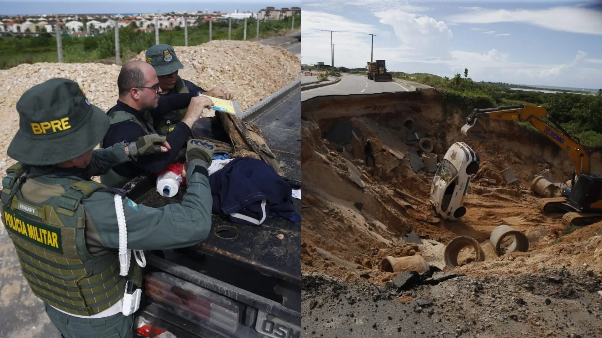 Foto de carro, motos e pertences de vítimas de deslizamento em Aquiraz são retirados de cratera.