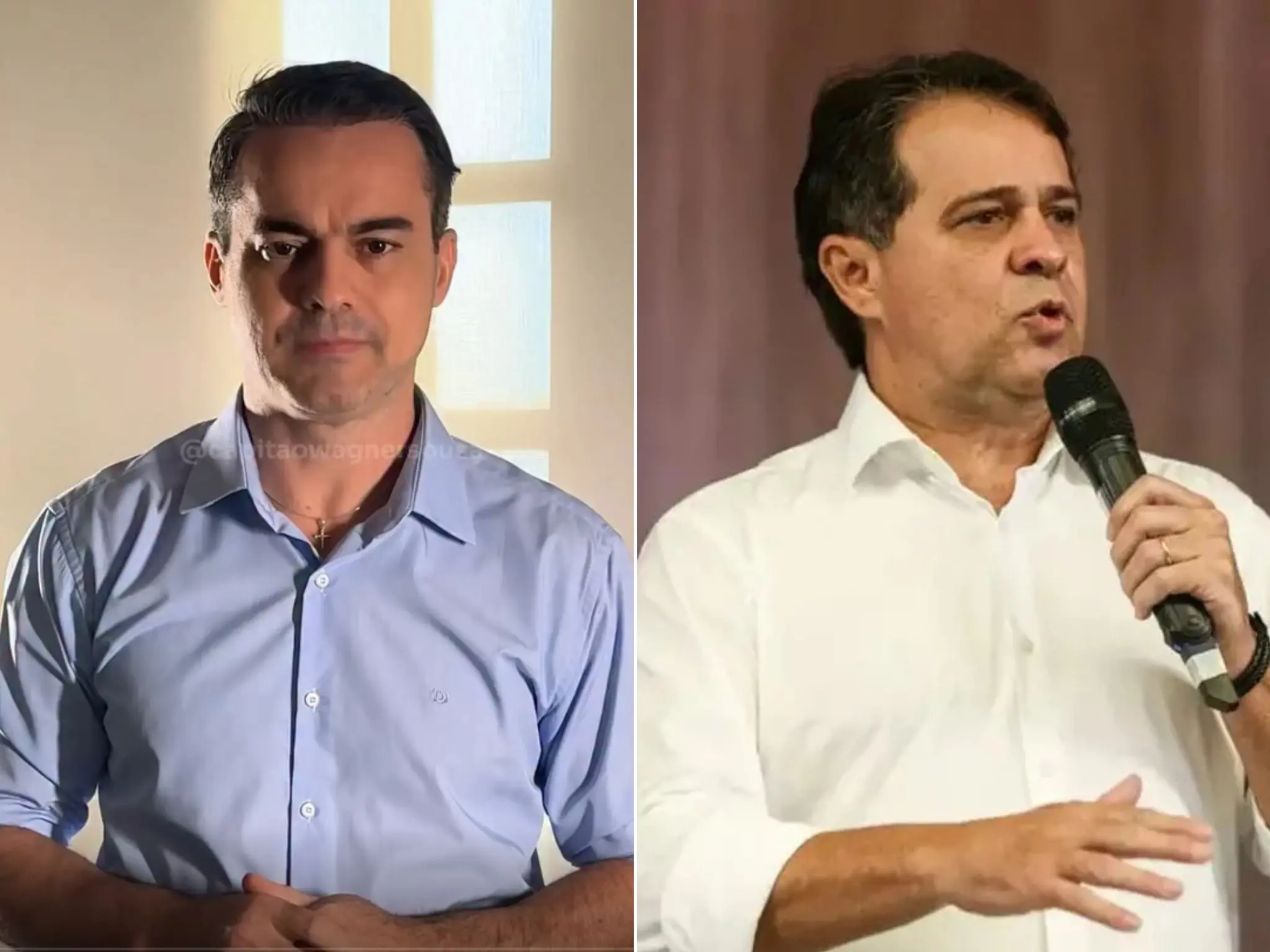 Foto do Capitão Wagner no vídeo que a Justiça mandou remover das redes sociais; do outro lado, Evandro Leitão durante discurso.