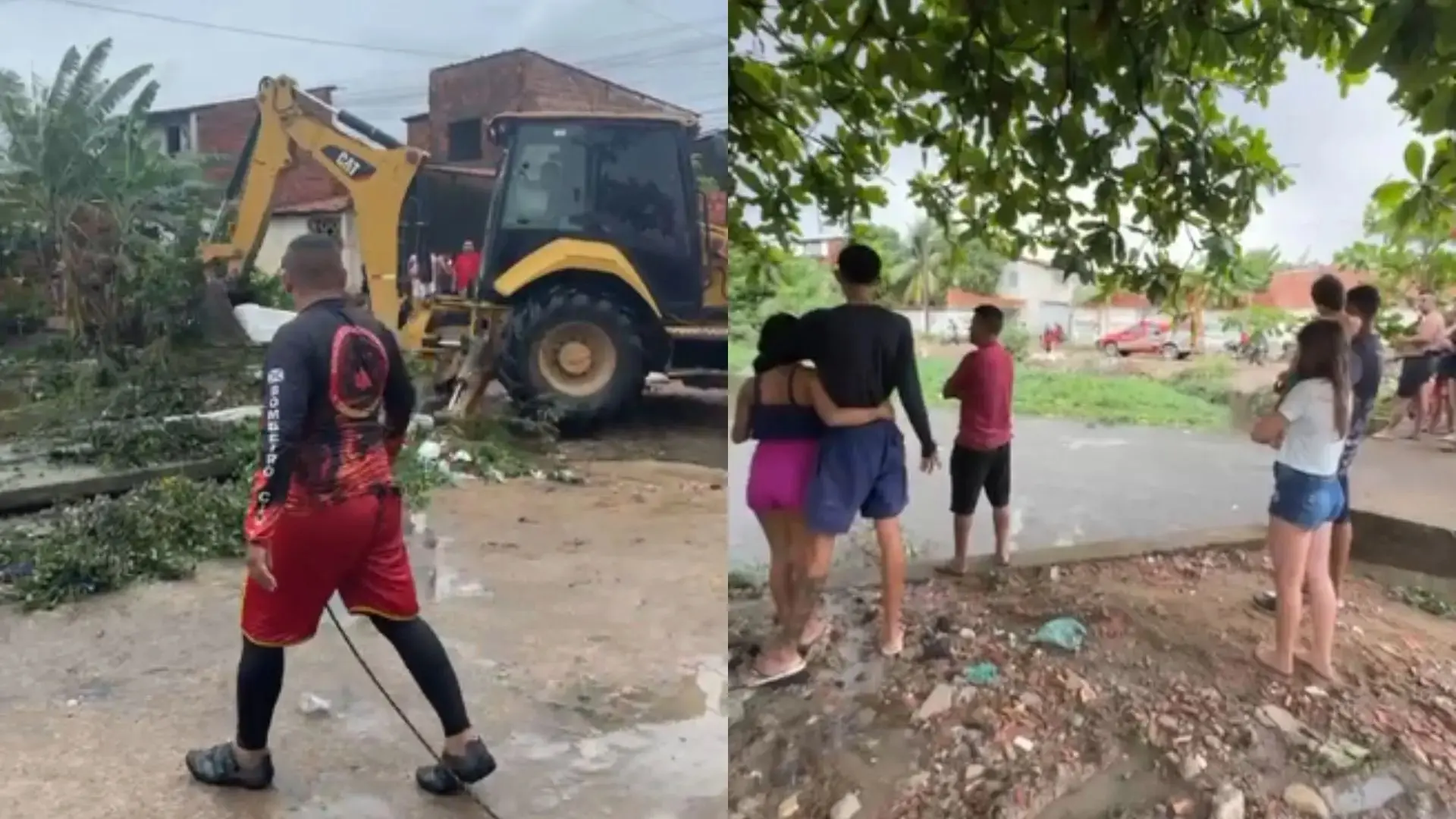 Montagem com duas cenas de resgate no bairro Granja Portugal: à esquerda, um bombeiro civil observa uma retroescavadeira operando em terreno lamacento; à direita, moradores apreensivos observam o trabalho das equipes próximo a uma área alagada.