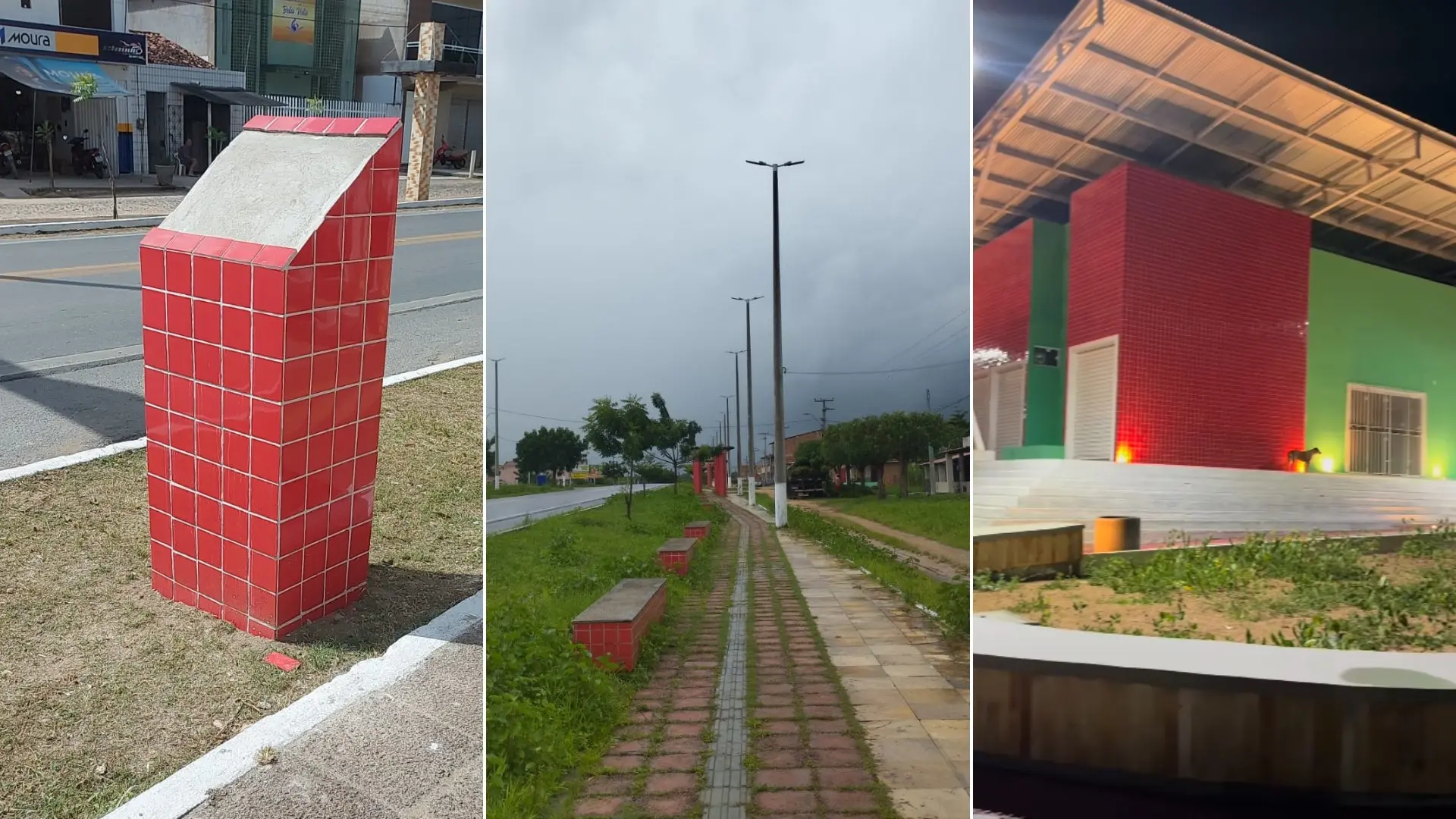 Colagem de fotos de três equipamentos públicos de Morrinhos com cerâmicas vermelhas.