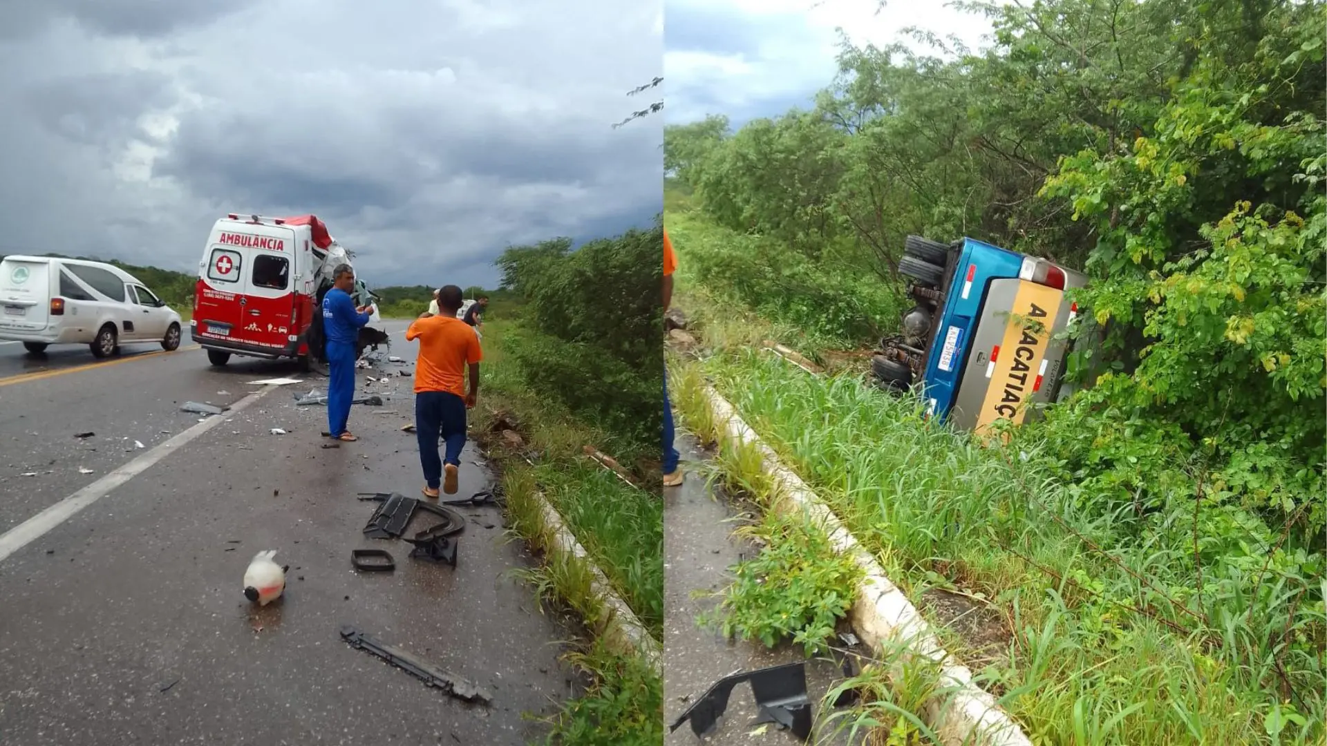 Foto de ônibus e van após acidente em Forquilha com pacientes de Sobral.