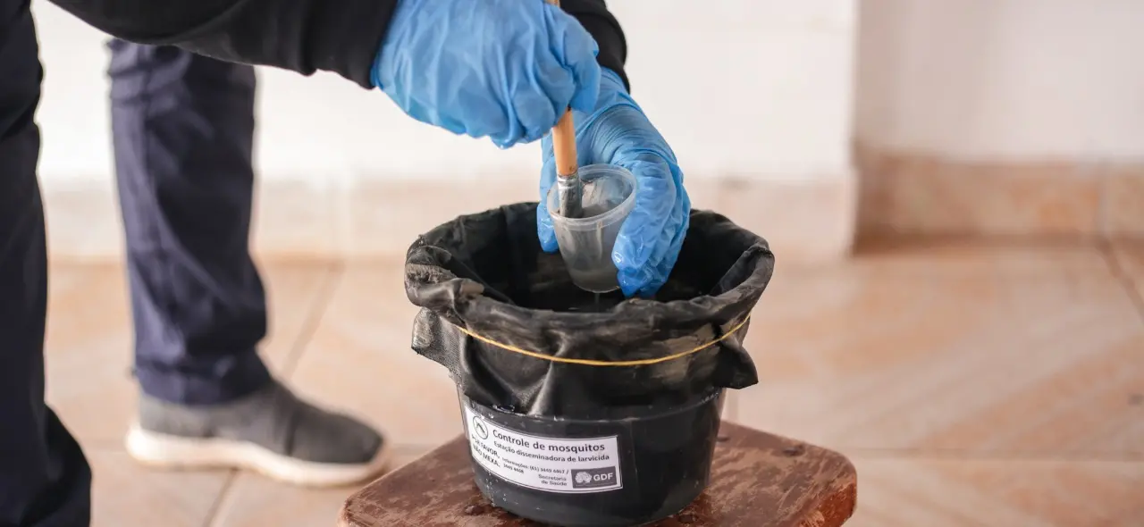 Imagem em close up de mãos com luvas azuis segurando um pote com larvicida e pincel. O material será aplicado em um pote coberto com plástico preto preso por um elástico, com etiqueta indicando ser uma estação disseminadora de larvicida.