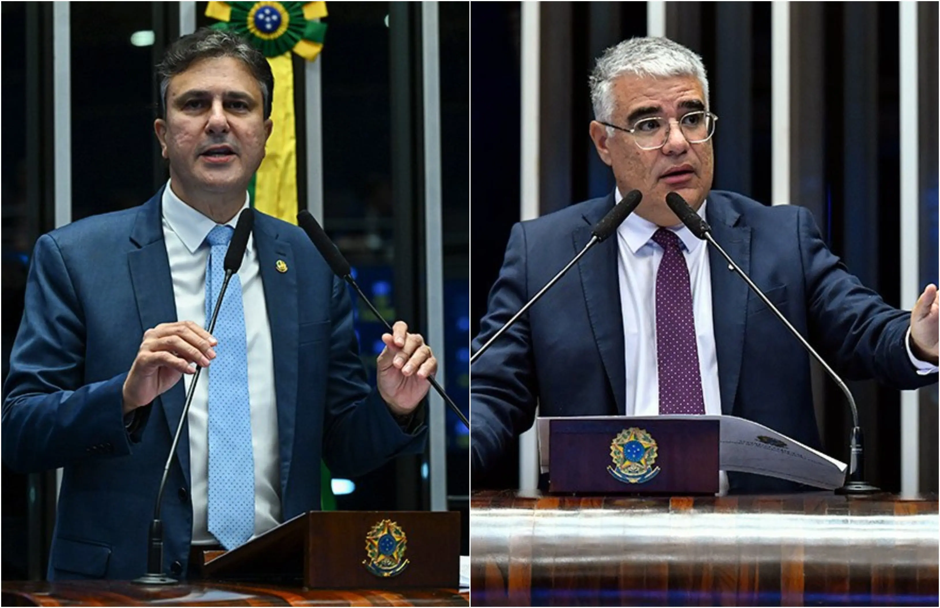 Camilo Santana e Eduardo Girão, dois senadores cearenses, discursam no púlpito do Senado.