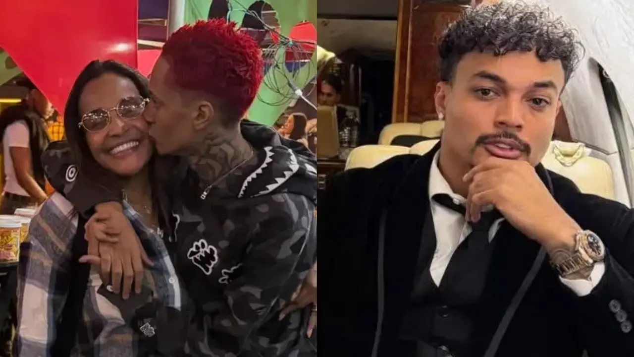 Uma montagem composta por duas fotografias distintas lado a lado. À esquerda, um homem de cabelo vermelho curto beija o rosto de uma mulher sorridente que usa óculos; à direita, um homem de terno preto e bigode posa sentado em uma poltrona, apoiando o queixo na mão.