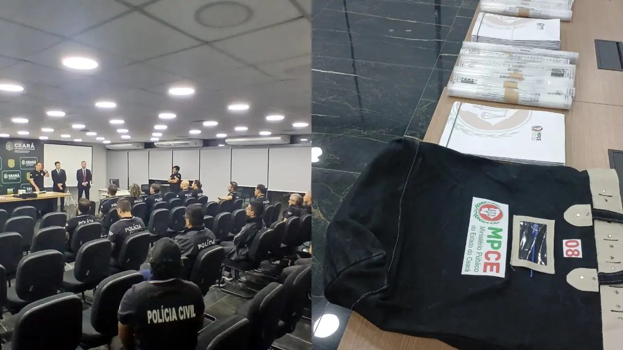 Montagem de fotos. Na primeira foto, a Polícia Civil participa de reunião de preparação para uma operação do MPCE. Na segunda foto, estão materiais e um colete do MPCE.