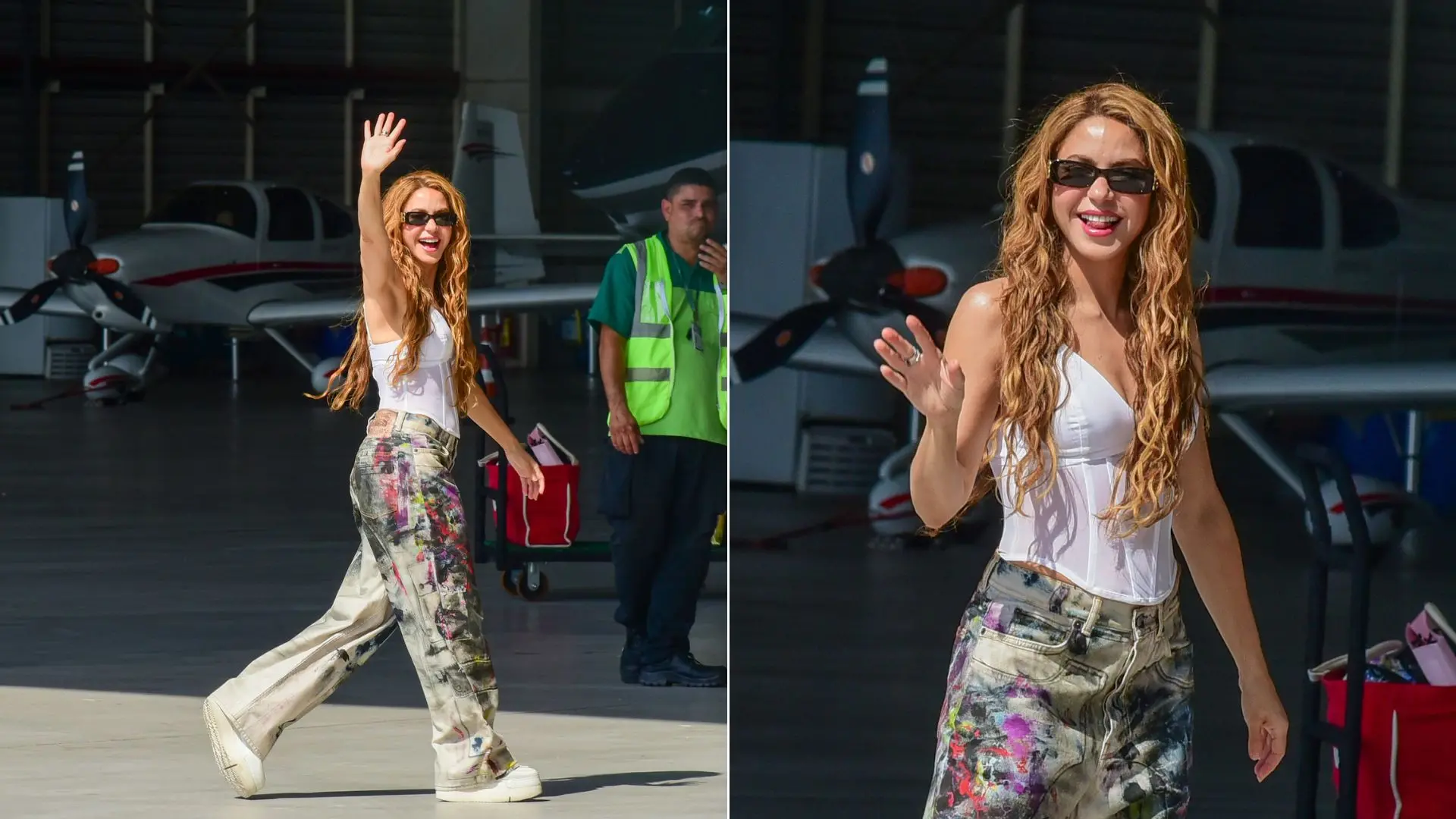 montagem de fotos de Shakira desembarcando no Rio de Janeiro para show em Copacabana. A cantora usa corpete branco, calça jeans estilizada e tênis.