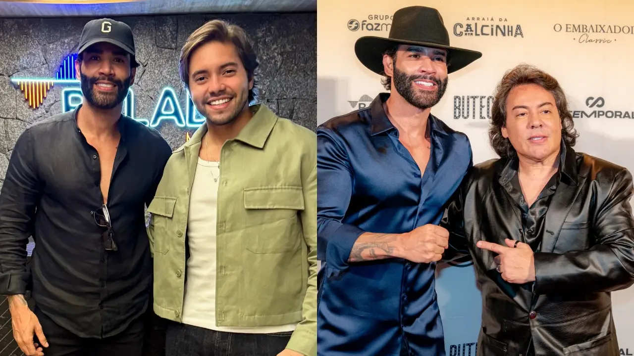Gusttavo Lima em fotos com Victor Santos e o vocalista Daniel Diau da banda Calcinha Preta.