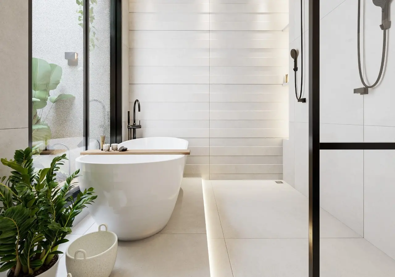 Foto que contém banheira em banheiro de apartamento.